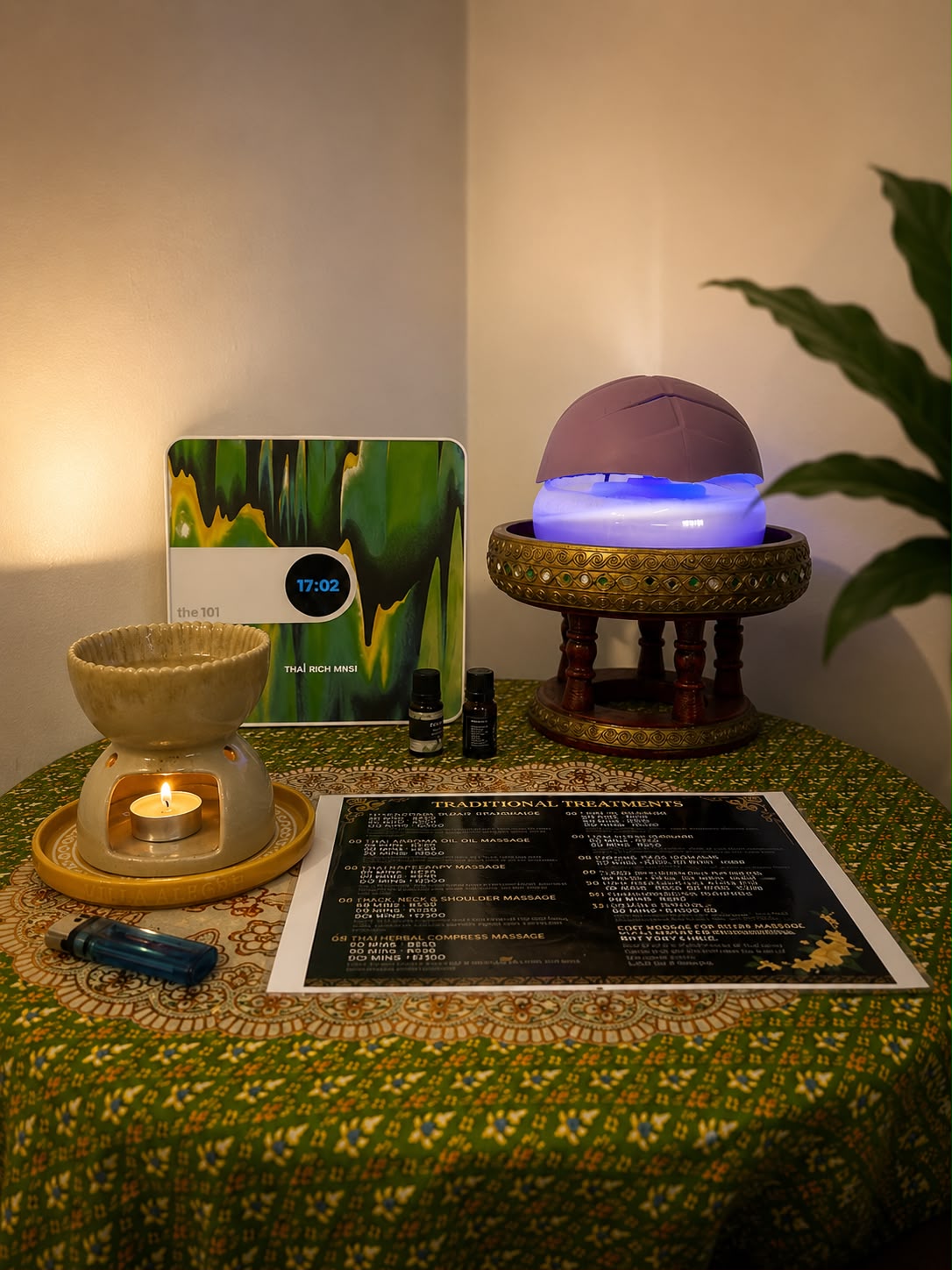 Aromatherapy corner Aromatherapy corner with oil burner, essential oils and the traditional treatments menu