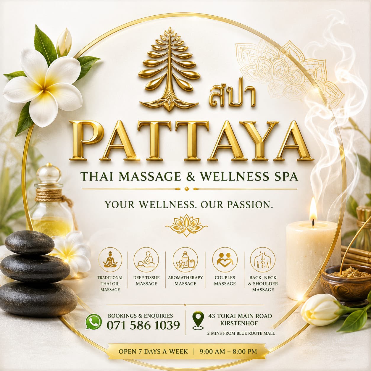 Pattaya Thai Wellness Spa branding Pattaya Thai Wellness Spa branding poster with contact details and services offered in Kirstenhof, Cape Town