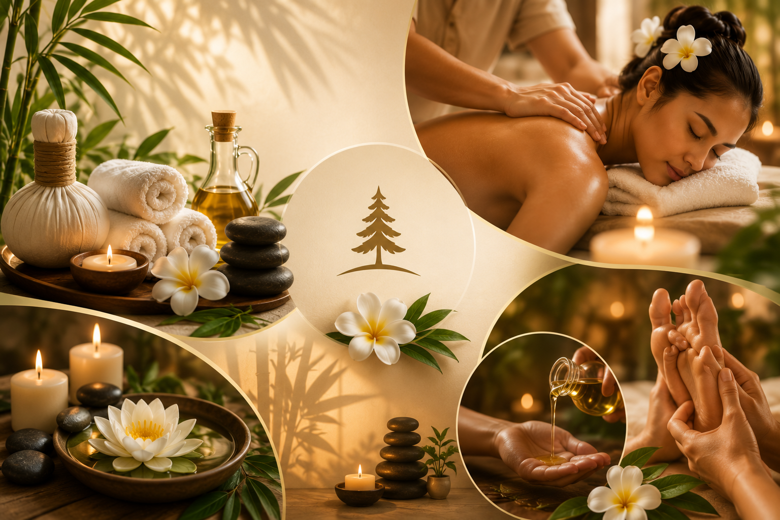 Collage of Thai spa rituals herbal compress, warm oils, massage therapy, frangipani flowers and stacked zen stones