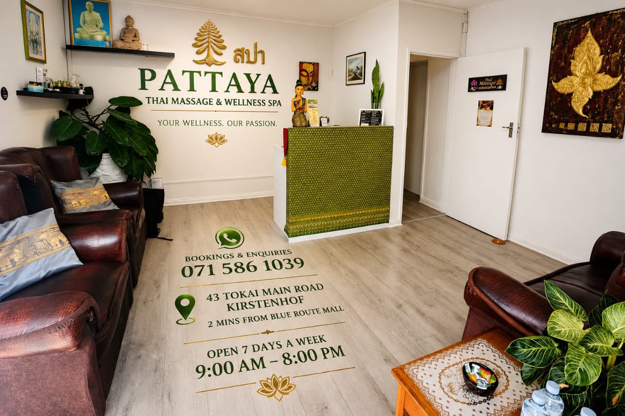 Spa lobby and reception Wide view of Pattaya Thai Wellness Spa lobby and reception in Tokai, Cape Town