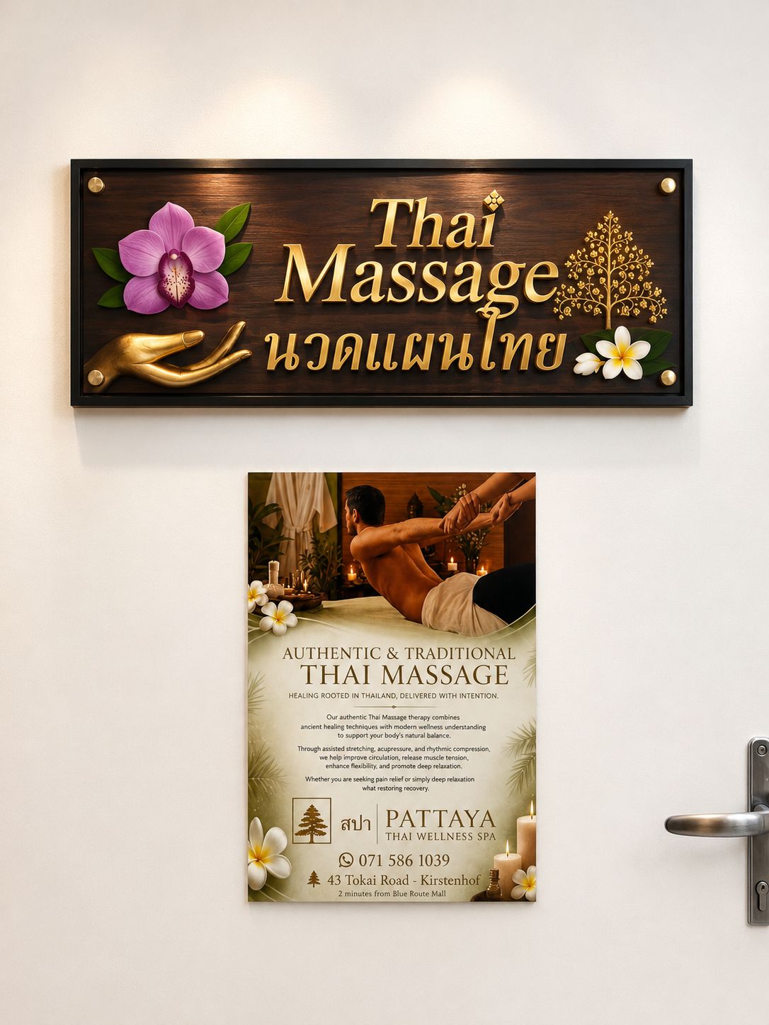 Thai Massage plaque and poster Carved Thai Massage wall plaque with orchid and gold lettering above the Pattaya authentic Thai massage poster