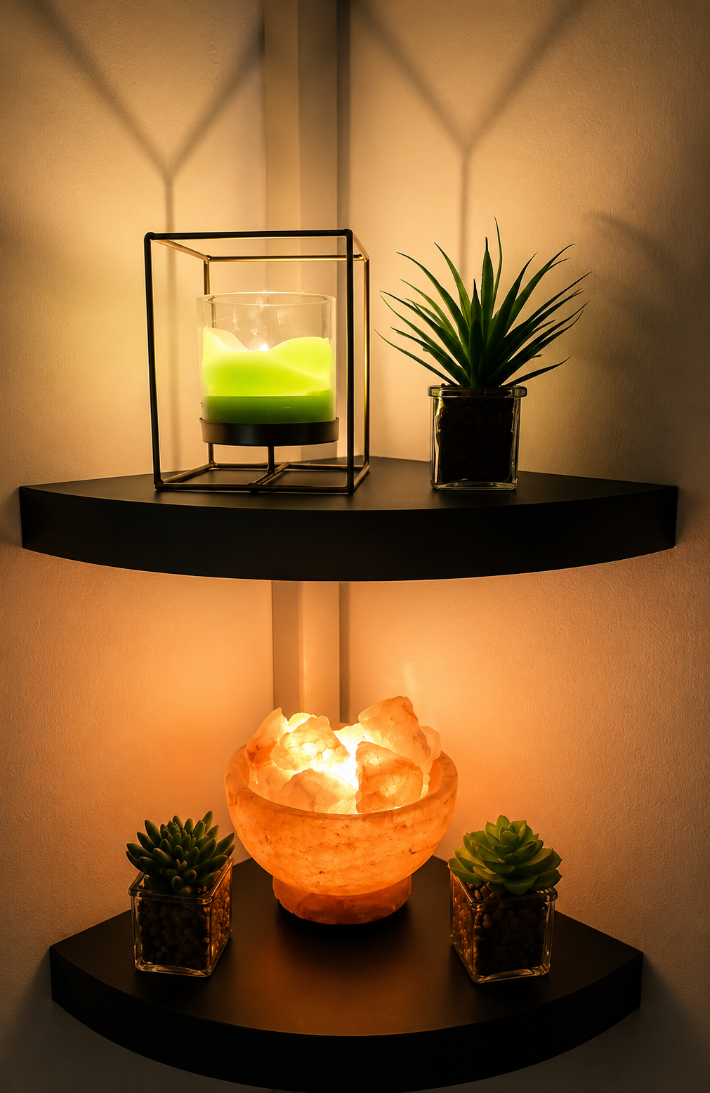 Salt lamp corner Corner shelf with a glowing Himalayan salt lamp, green candle and succulents in the treatment room