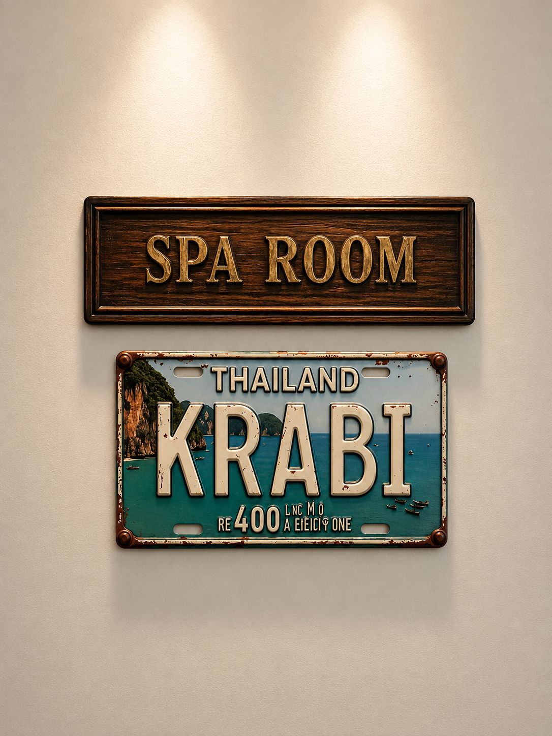 Spa room signage Wooden Spa Room sign above a vintage Krabi Thailand licence plate on a softly lit wall
