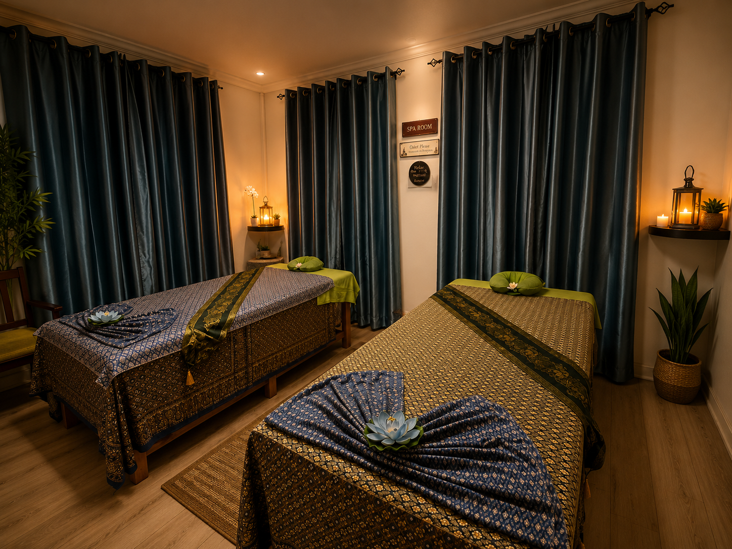 Couples spa room Candlelit couples spa room with two massage beds dressed in blue and gold Thai silk and lotus flowers