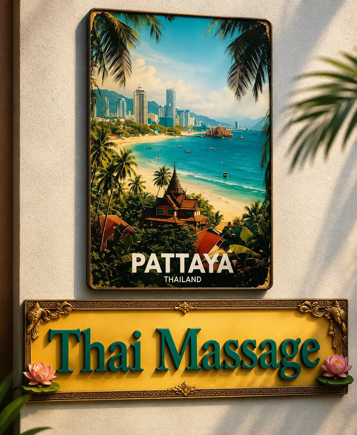 Pattaya Thai Massage signage Pattaya Thailand travel plaque above a gold and green Thai Massage signboard with lotus accents