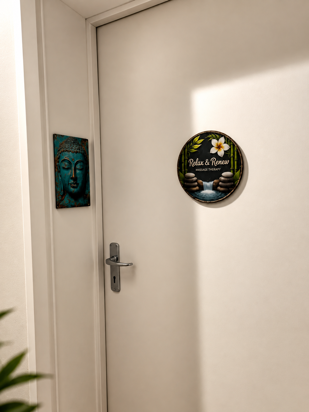 Treatment room doorway Relax and Renew massage therapy door plaque beside a teal Buddha wall panel in the treatment room hallway