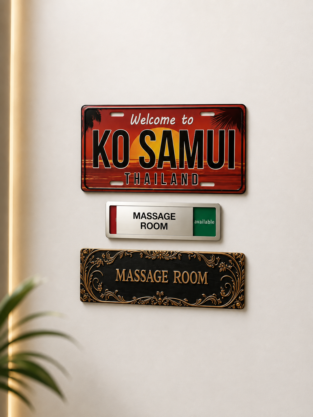 Ko Samui massage room signs Welcome to Ko Samui Thailand decorative licence plate above a Massage Room availability sign and an ornate gold massage room plaque