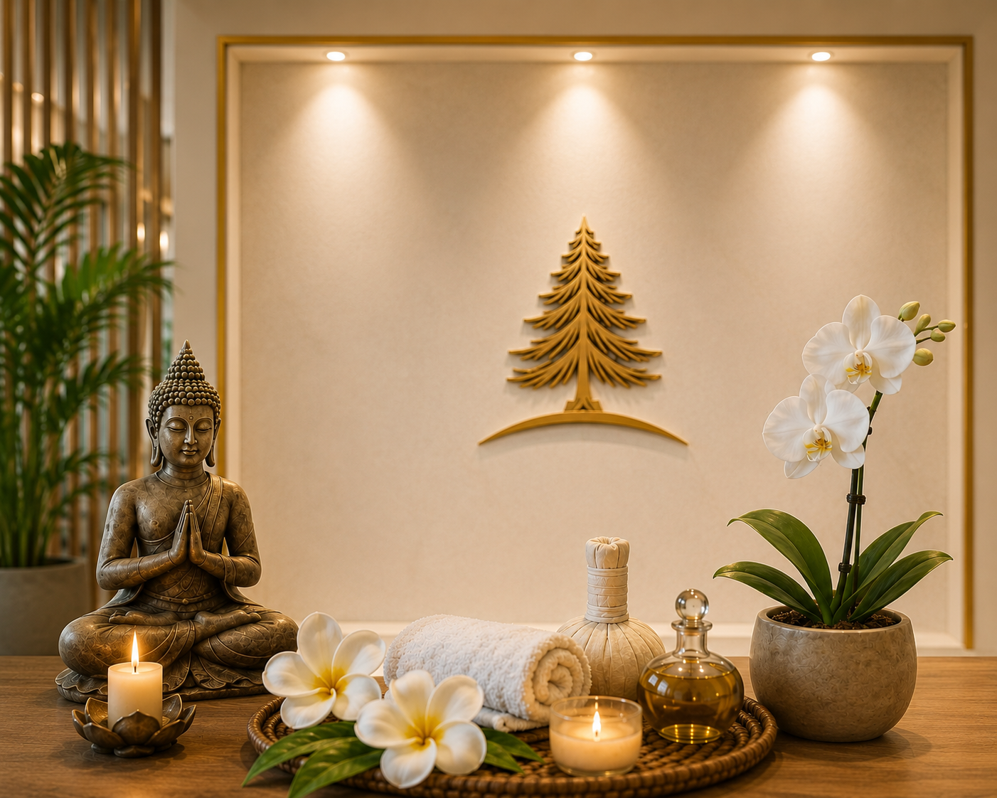 Bright luxurious Thai spa treatment room with bamboo, white candles and orchids