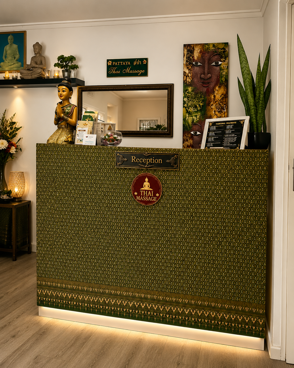 Reception desk Pattaya Thai Massage reception desk in green and gold Thai silk with Buddha emblem, statue and candlelight